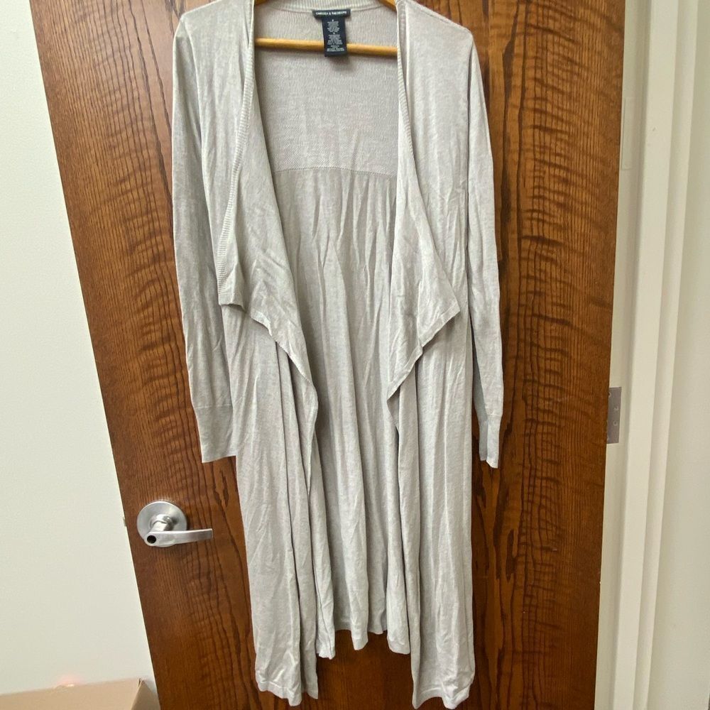 Chelsea & Theodore tan fine knit long open front shawl‎ collar cardigan sweater